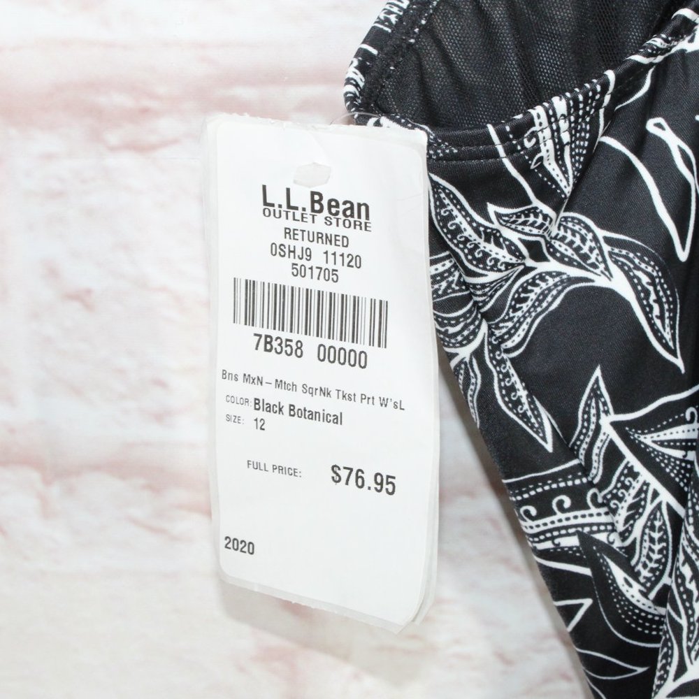 LL Bean Black Botanical Squareneck Tanksuit One-Piece Swimwear Size 12 - Picture 7 of 10